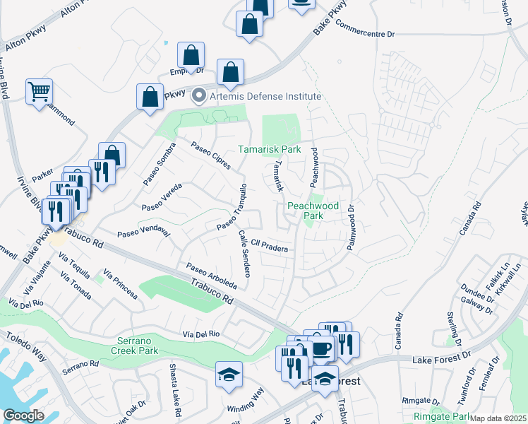 map of restaurants, bars, coffee shops, grocery stores, and more near 21182 Calle Olivia in Lake Forest