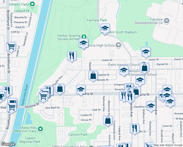 map of restaurants, bars, coffee shops, grocery stores, and more near 960 Capital Street in Costa Mesa