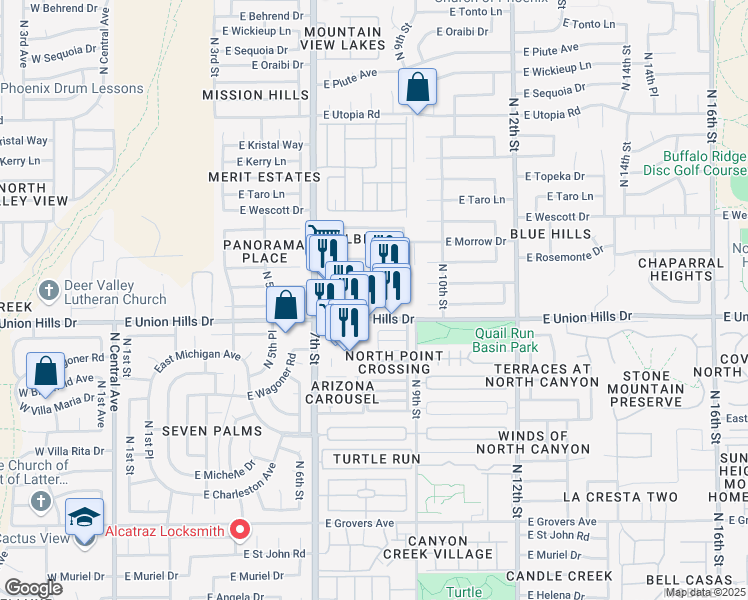 map of restaurants, bars, coffee shops, grocery stores, and more near 730 East Union Hills Drive in Phoenix