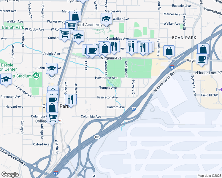 map of restaurants, bars, coffee shops, grocery stores, and more near 1604 Temple Avenue in College Park