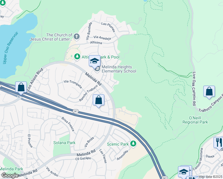 map of restaurants, bars, coffee shops, grocery stores, and more near 51 Mira Mesa in Rancho Santa Margarita