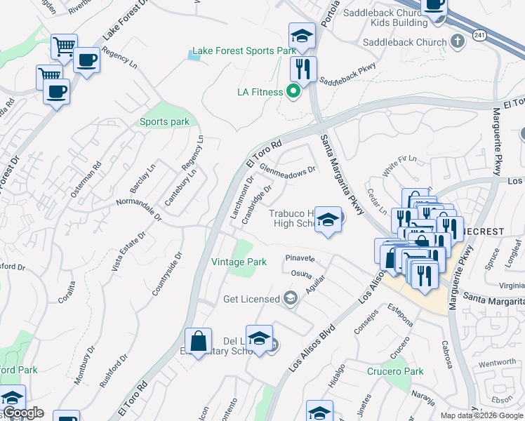 map of restaurants, bars, coffee shops, grocery stores, and more near 21125 Wheaton Terrace in Lake Forest
