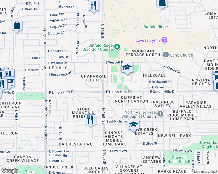 map of restaurants, bars, coffee shops, grocery stores, and more near 18605 North 16th Place in Phoenix