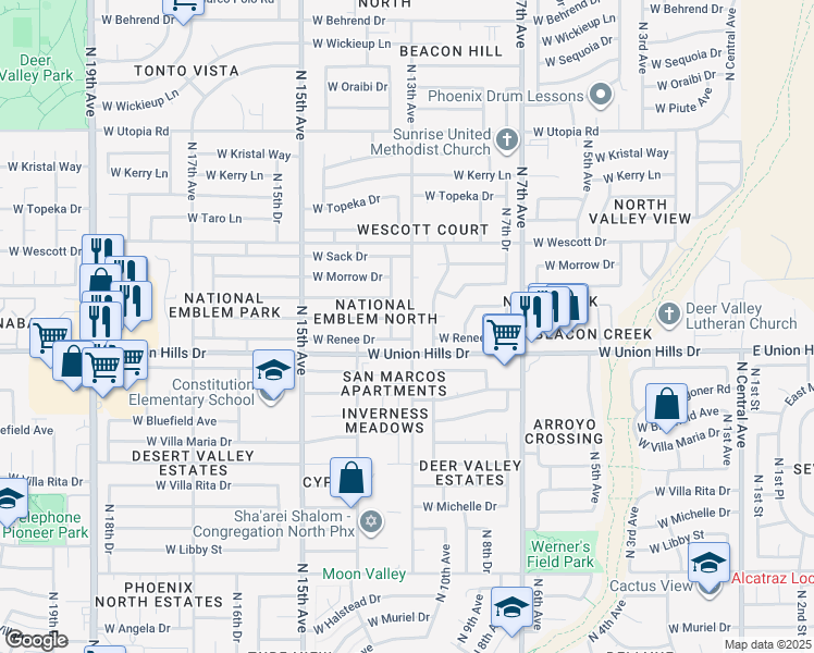 map of restaurants, bars, coffee shops, grocery stores, and more near 18622 North 13th Avenue in Phoenix