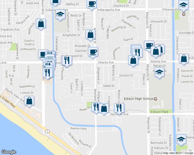 map of restaurants, bars, coffee shops, grocery stores, and more near 21131 Shepherd Lane in Huntington Beach