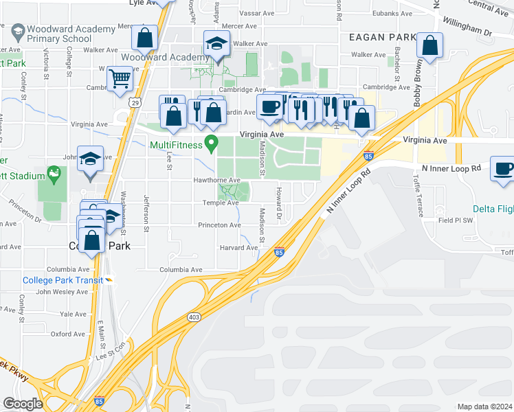 map of restaurants, bars, coffee shops, grocery stores, and more near 3647 Madison Street in College Park