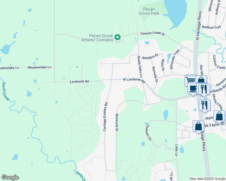 map of restaurants, bars, coffee shops, grocery stores, and more near 210 Carriage Estates Road in Sherman