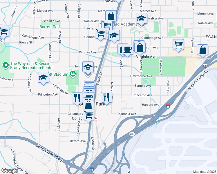 map of restaurants, bars, coffee shops, grocery stores, and more near 1770 Temple Avenue in College Park