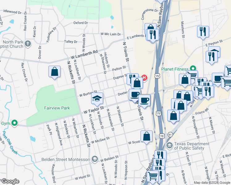 map of restaurants, bars, coffee shops, grocery stores, and more near 235 West Dexter Street in Sherman