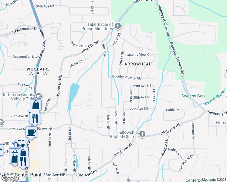map of restaurants, bars, coffee shops, grocery stores, and more near 2629 6th Street Northeast in Center Point