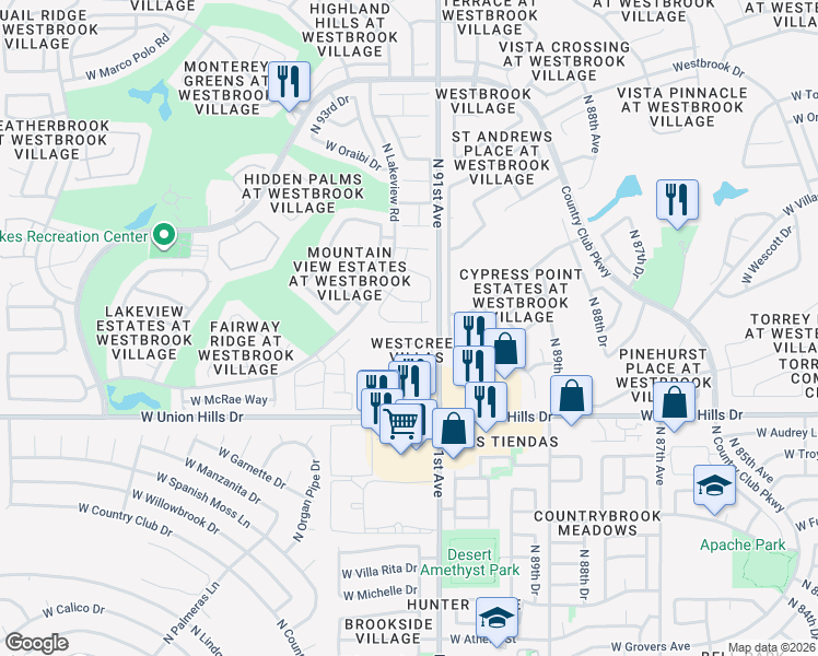 map of restaurants, bars, coffee shops, grocery stores, and more near 9125 West Kimberly Way in Peoria