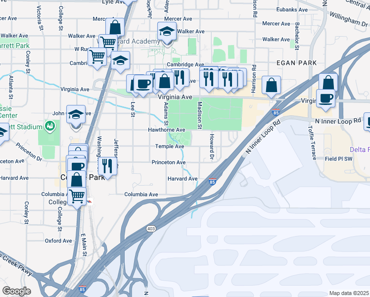 map of restaurants, bars, coffee shops, grocery stores, and more near 1576 Temple Avenue in College Park