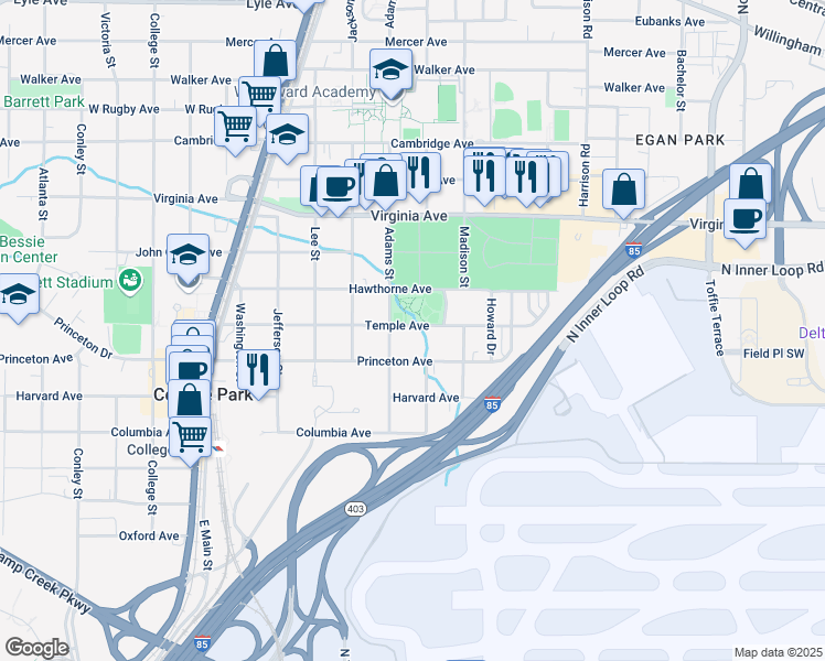 map of restaurants, bars, coffee shops, grocery stores, and more near 1600 Temple Avenue in College Park