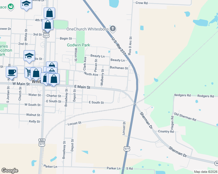 map of restaurants, bars, coffee shops, grocery stores, and more near 713 East Main Street in Whitesboro