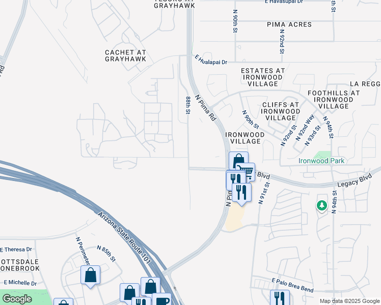 map of restaurants, bars, coffee shops, grocery stores, and more near 18747 North Pima Road in Scottsdale
