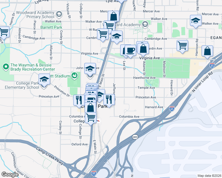 map of restaurants, bars, coffee shops, grocery stores, and more near 1770 Temple Avenue in College Park