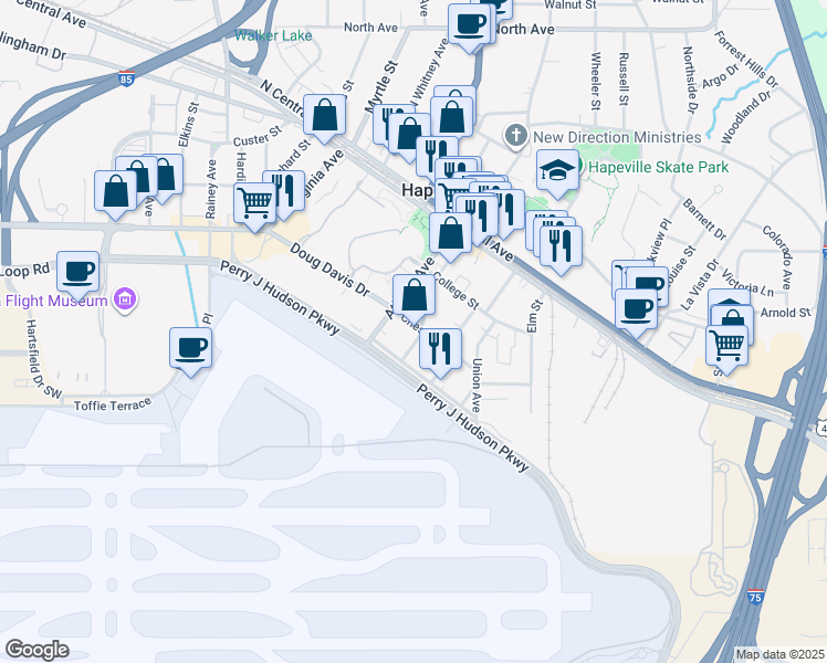map of restaurants, bars, coffee shops, grocery stores, and more near 3619 South Fulton Avenue in Atlanta
