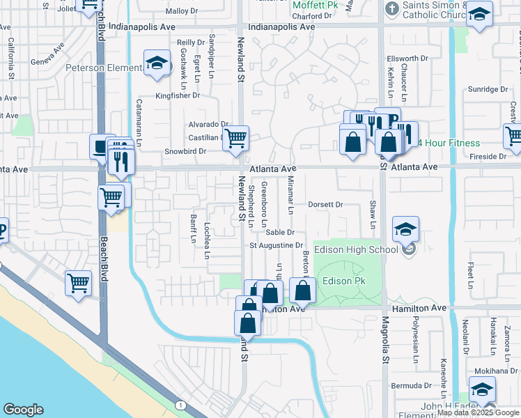 map of restaurants, bars, coffee shops, grocery stores, and more near 21131 Greenboro Lane in Huntington Beach
