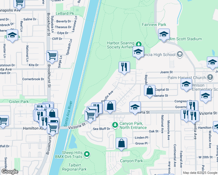 map of restaurants, bars, coffee shops, grocery stores, and more near 2225 Pacific Avenue in Costa Mesa