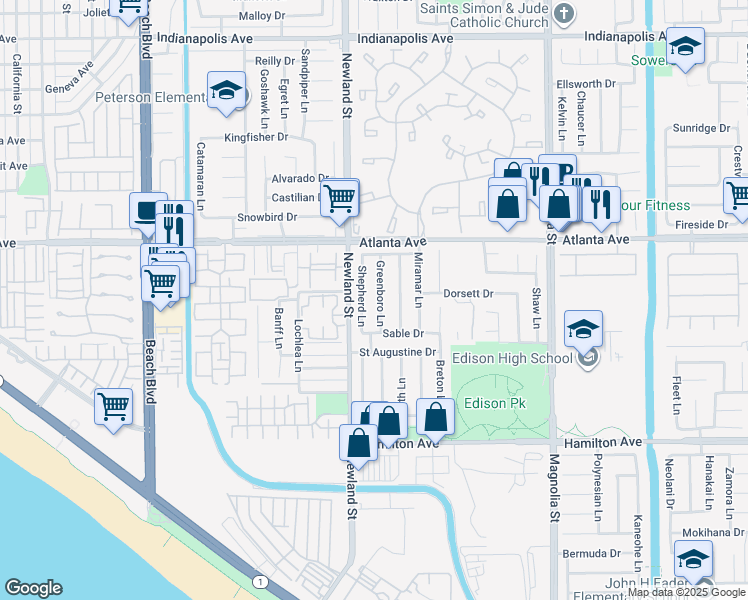 map of restaurants, bars, coffee shops, grocery stores, and more near 21131 Greenboro Lane in Huntington Beach