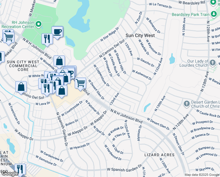 map of restaurants, bars, coffee shops, grocery stores, and more near 13329 West Copperstone Drive in Sun City
