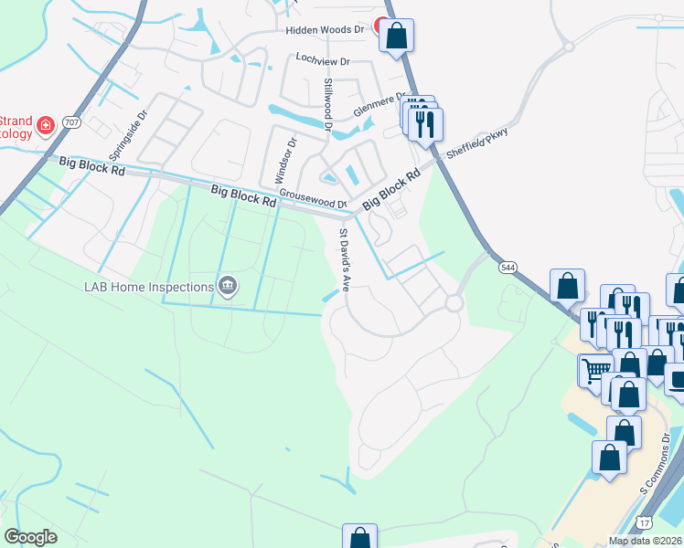 map of restaurants, bars, coffee shops, grocery stores, and more near 313 Saint David's Avenue in Myrtle Beach