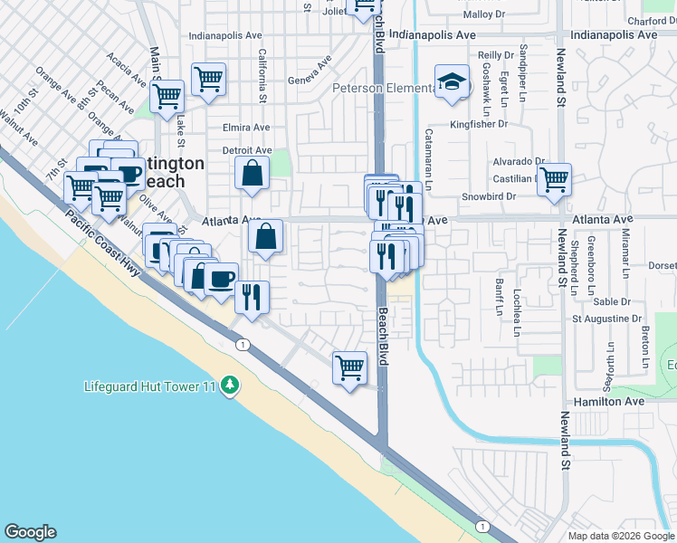 map of restaurants, bars, coffee shops, grocery stores, and more near 7985 Southwind Circle in Huntington Beach