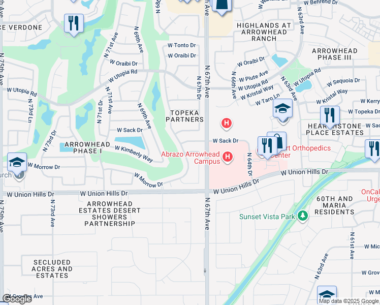 map of restaurants, bars, coffee shops, grocery stores, and more near 6723 West Kimberly Way in Glendale