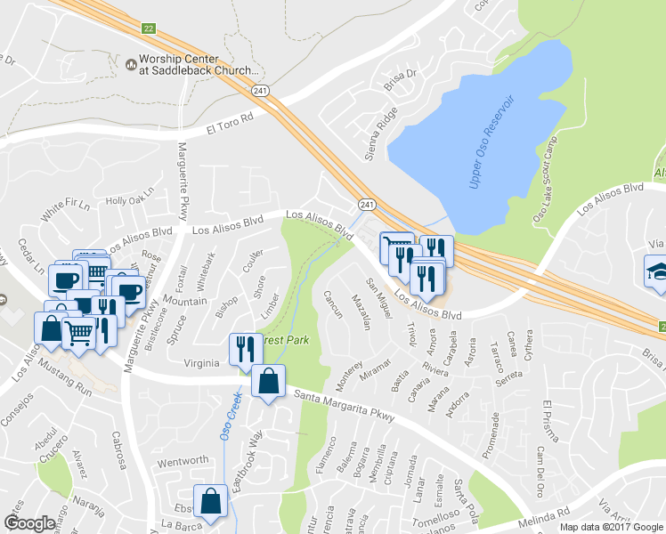map of restaurants, bars, coffee shops, grocery stores, and more near 21141 Cancun in Mission Viejo