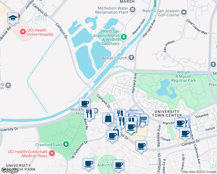 map of restaurants, bars, coffee shops, grocery stores, and more near 291 Stanford in Irvine