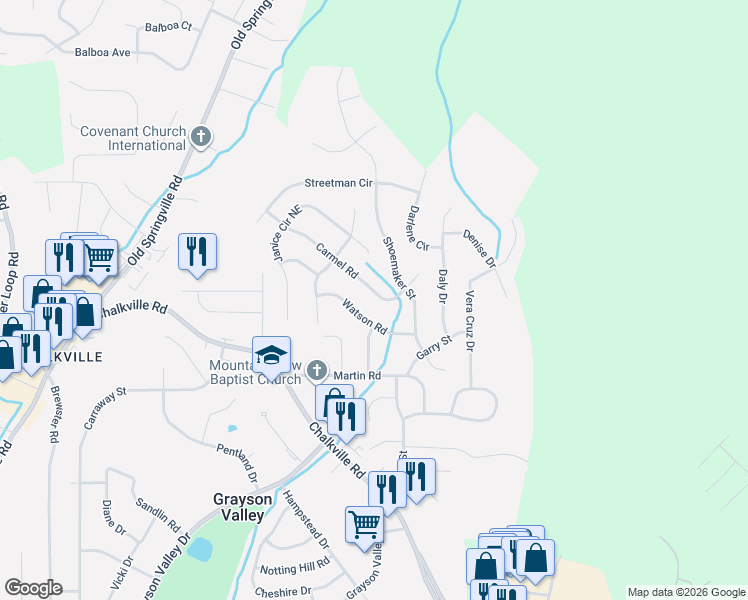 map of restaurants, bars, coffee shops, grocery stores, and more near 2537 Carmel Road in Birmingham