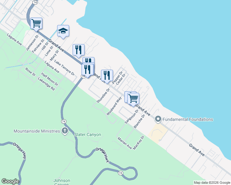 map of restaurants, bars, coffee shops, grocery stores, and more near 15148 Anchor Way in Lake Elsinore
