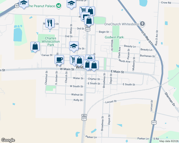map of restaurants, bars, coffee shops, grocery stores, and more near 116 East Main Street in Whitesboro