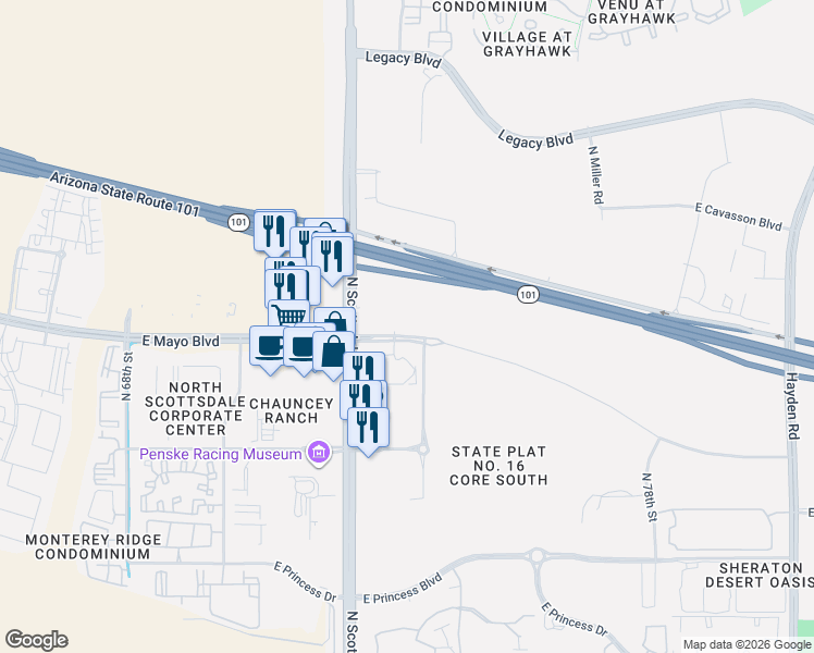 map of restaurants, bars, coffee shops, grocery stores, and more near East Mayo Boulevard in Scottsdale