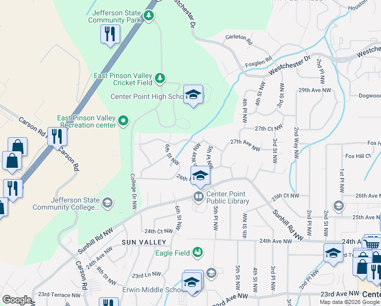 map of restaurants, bars, coffee shops, grocery stores, and more near 2628 5th Way Northwest in Center Point