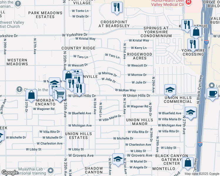 map of restaurants, bars, coffee shops, grocery stores, and more near 3149 West McRae Way in Phoenix