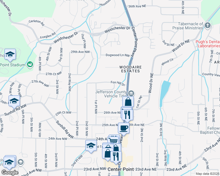 map of restaurants, bars, coffee shops, grocery stores, and more near 122 Fox Hill Ct in Center Point