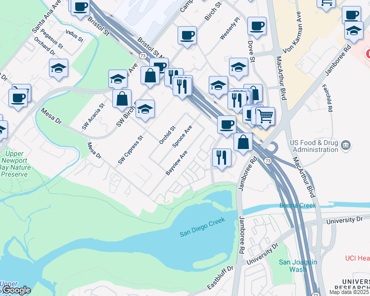 map of restaurants, bars, coffee shops, grocery stores, and more near 20181 Bayview Avenue in Newport Beach