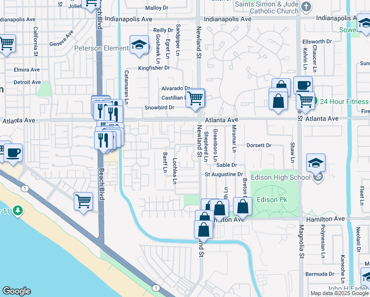 map of restaurants, bars, coffee shops, grocery stores, and more near 8426 Dory Drive in Huntington Beach