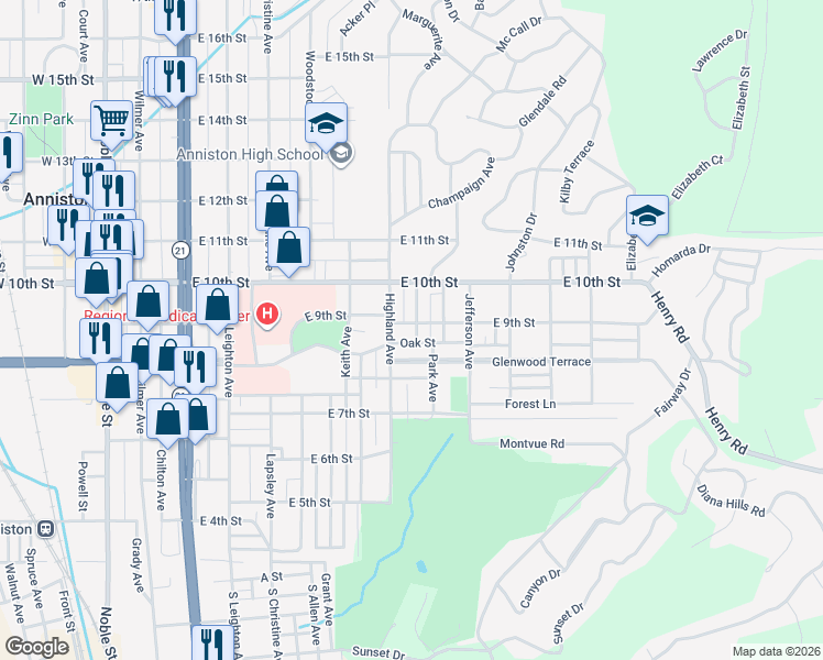 map of restaurants, bars, coffee shops, grocery stores, and more near 816 East 9th Street in Anniston