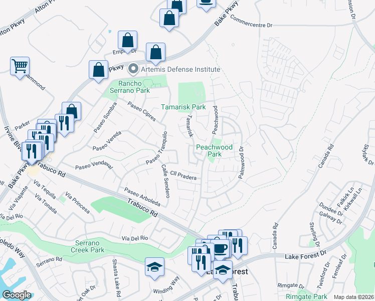 map of restaurants, bars, coffee shops, grocery stores, and more near 25271 Baja Mar in Lake Forest