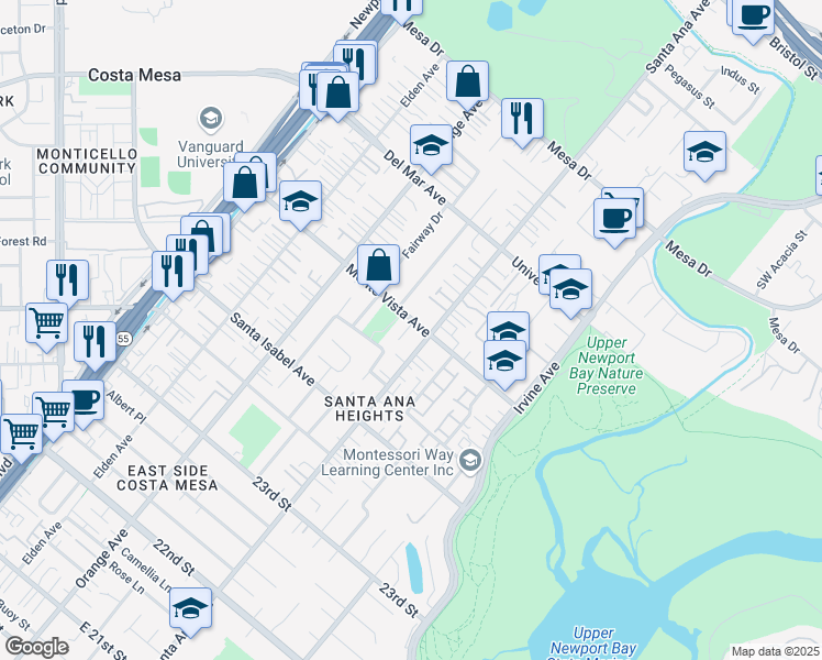 map of restaurants, bars, coffee shops, grocery stores, and more near 2498 Parmley Lane in Costa Mesa