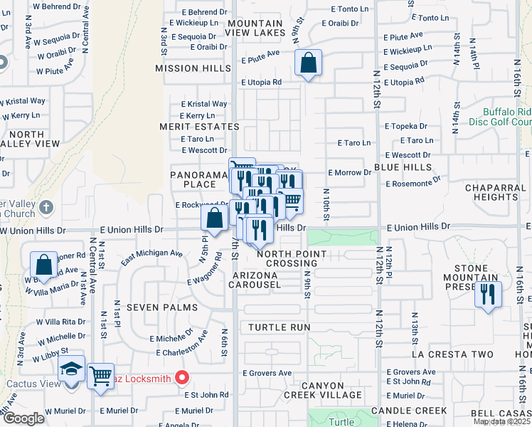 map of restaurants, bars, coffee shops, grocery stores, and more near 730 East Union Hills Drive in Phoenix