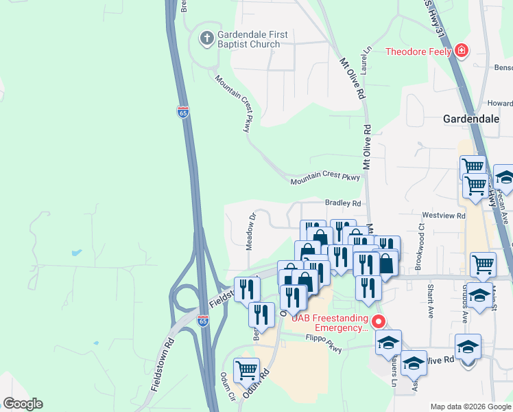 map of restaurants, bars, coffee shops, grocery stores, and more near 1128 Meadow Drive in Gardendale