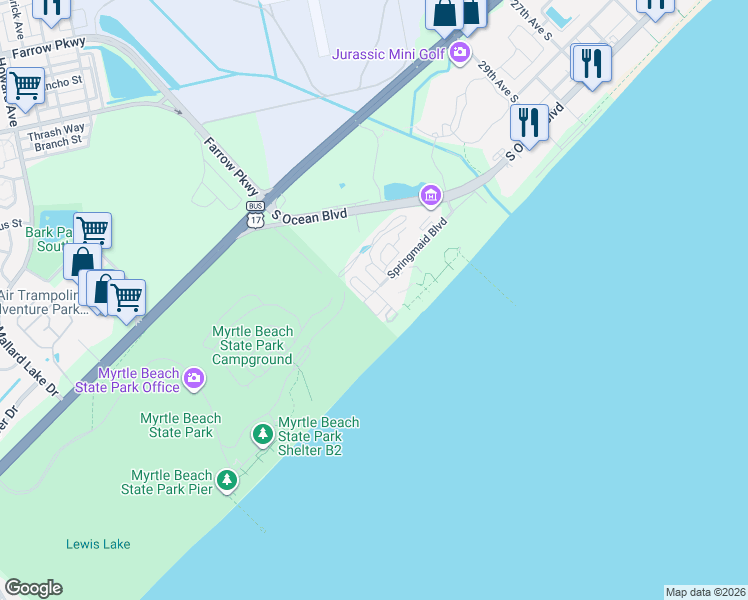 map of restaurants, bars, coffee shops, grocery stores, and more near 3216 Davis Street in Myrtle Beach
