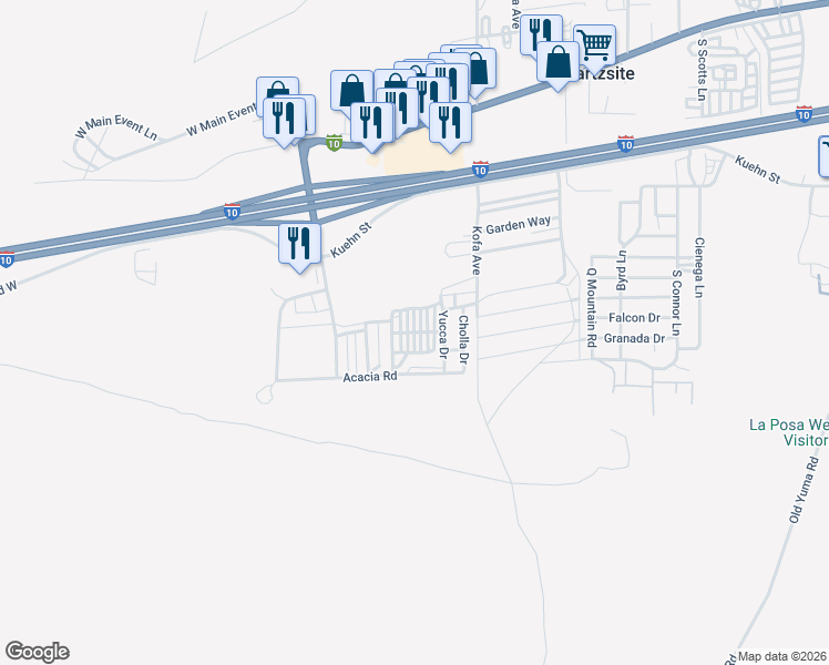map of restaurants, bars, coffee shops, grocery stores, and more near Stage Coach Avenue in Quartzsite
