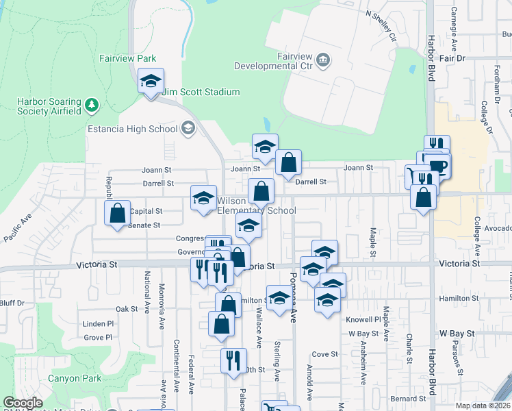map of restaurants, bars, coffee shops, grocery stores, and more near 2236 Wallace Avenue in Costa Mesa
