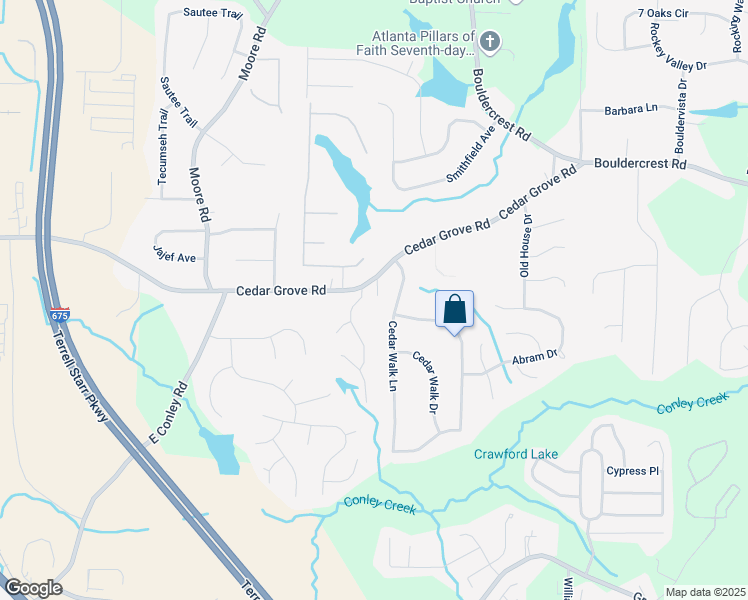 map of restaurants, bars, coffee shops, grocery stores, and more near 1721 Cedar Walk Lane in Conley