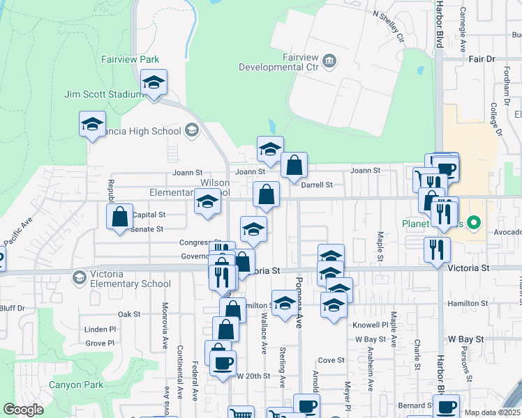 map of restaurants, bars, coffee shops, grocery stores, and more near 2236 Wallace Avenue in Costa Mesa
