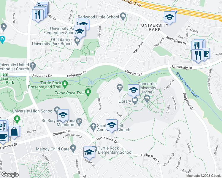 map of restaurants, bars, coffee shops, grocery stores, and more near 21 Valley View in Irvine
